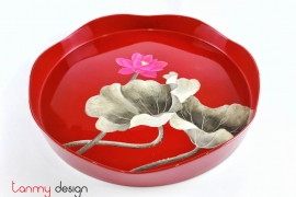 Round red lacquer tray hand-painted with pink lotus / large size 33cm
